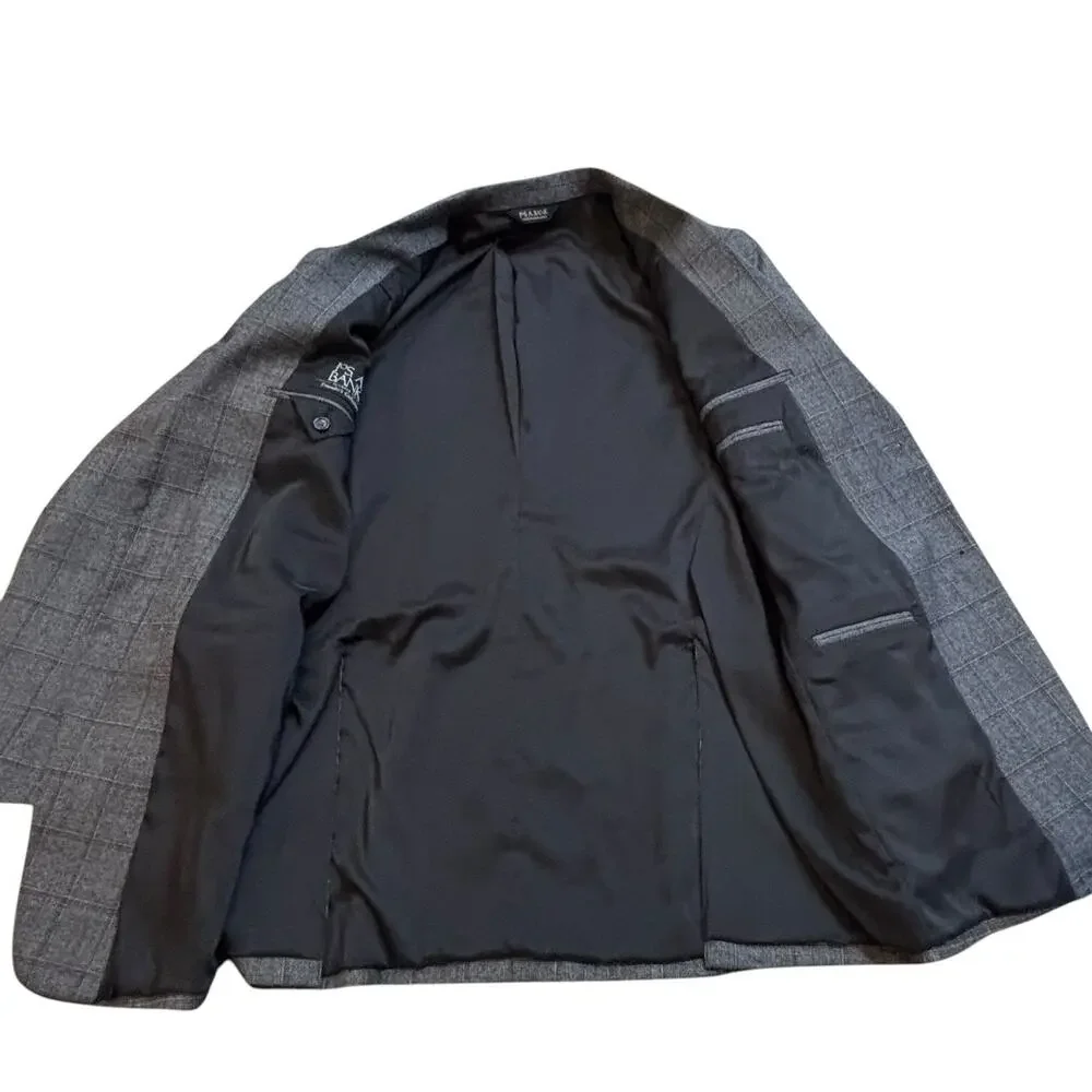 Jos. A. Bank Travelers Wool Sport Coat 40L Gray Wine Windowpane Plaid
